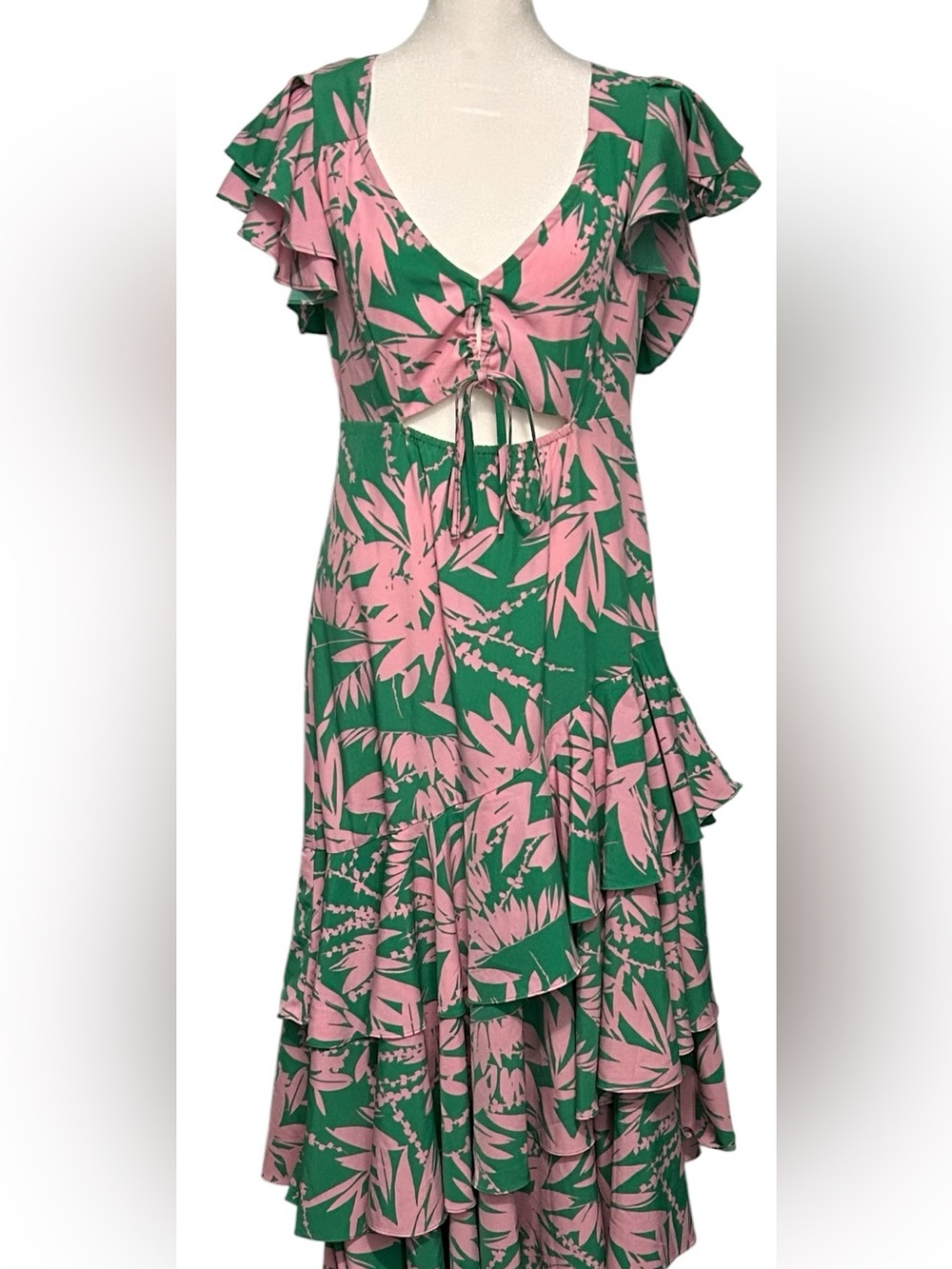 FORE Green & Pink Tropical Ruffle Maxi Dress Size L
